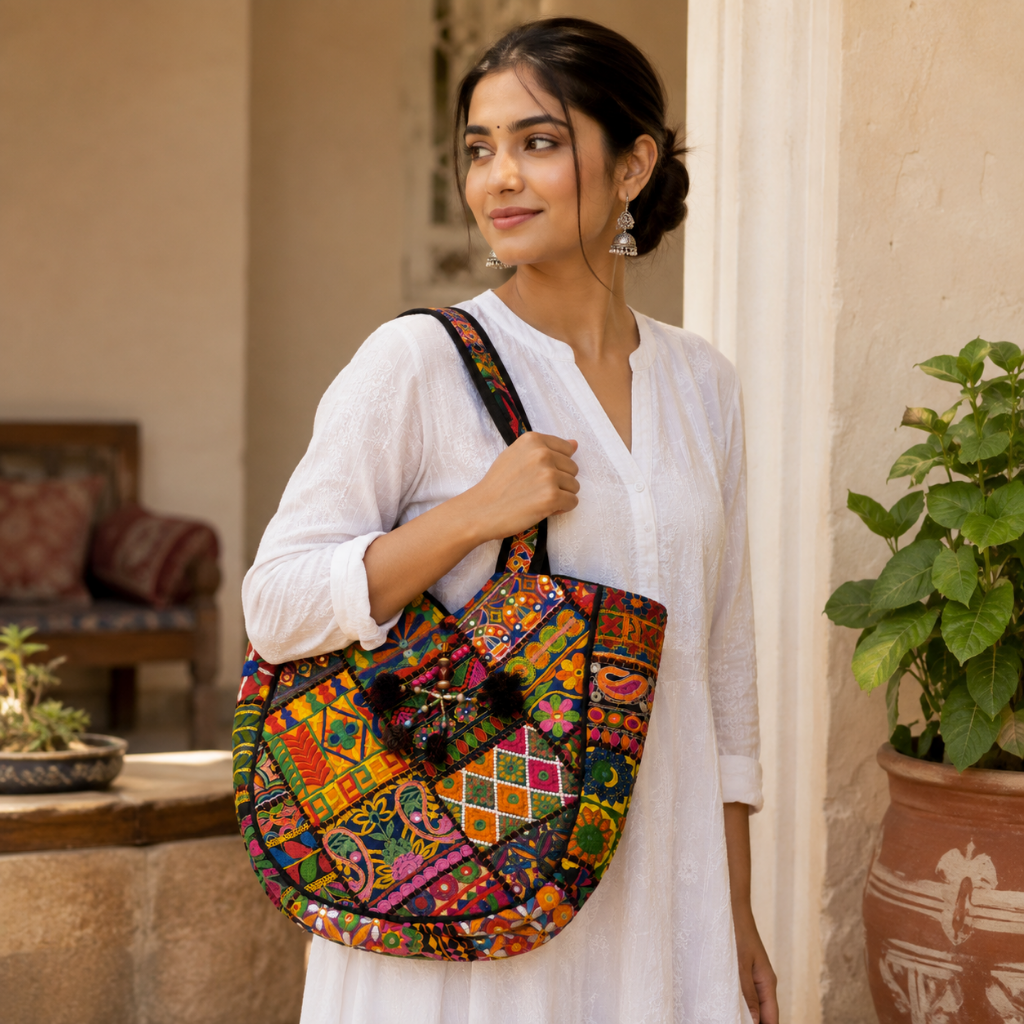 Colorful Bliss Cotton Bag with Detailed Embroidery Work