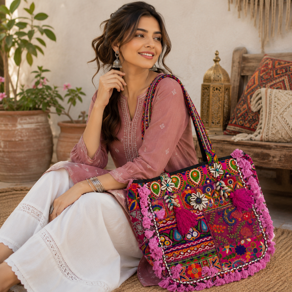 Heritage Embroidered Banjara Tote Bag with Tassels