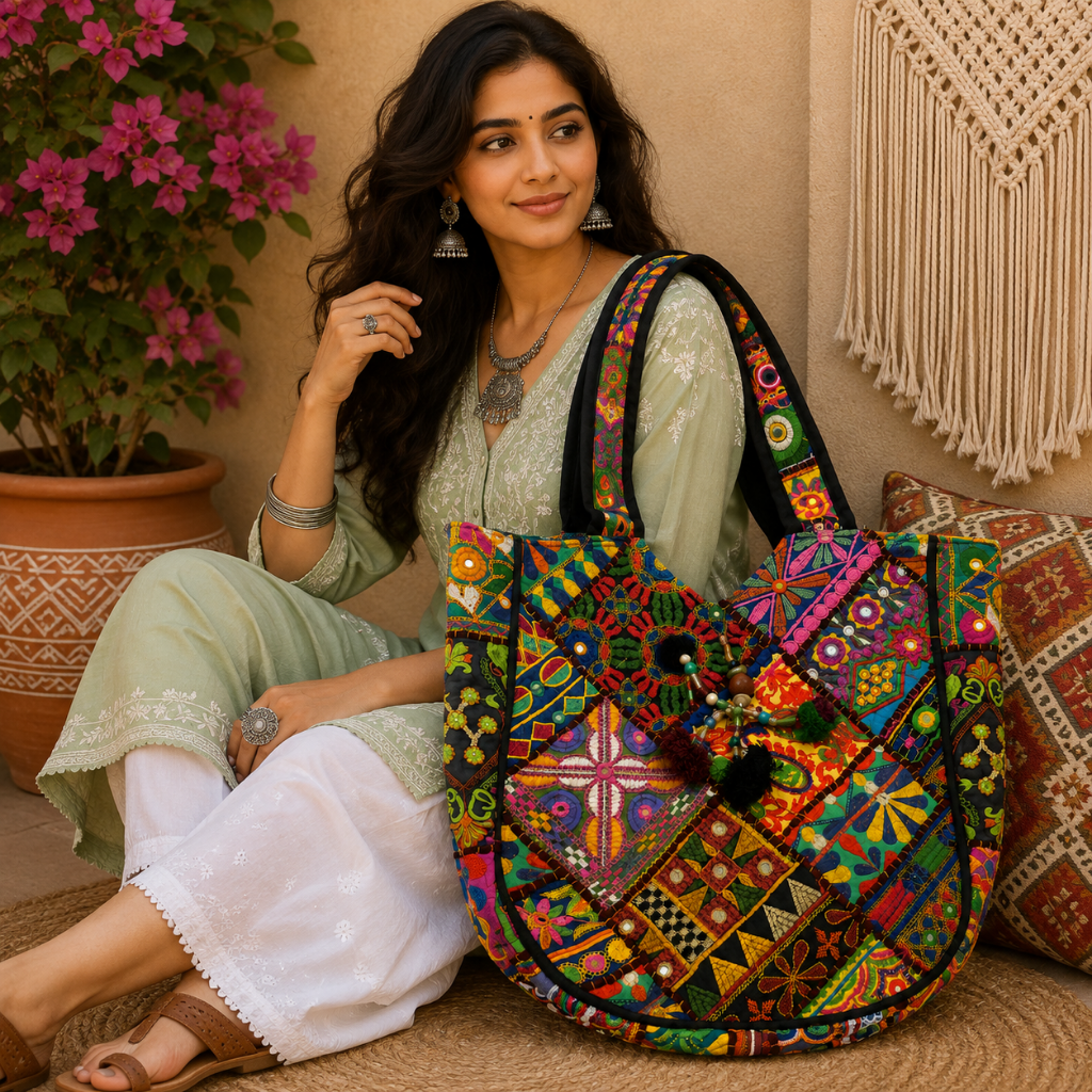 Colorful Bliss Cotton Bag with Detailed Embroidery Work