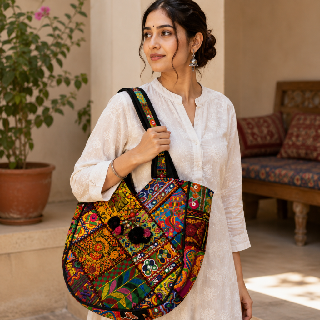 Colorful Bliss Cotton Bag with Detailed Embroidery Work