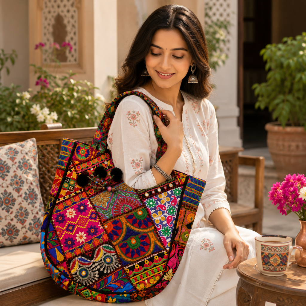 Colorful Bliss Cotton Bag with Detailed Embroidery Work