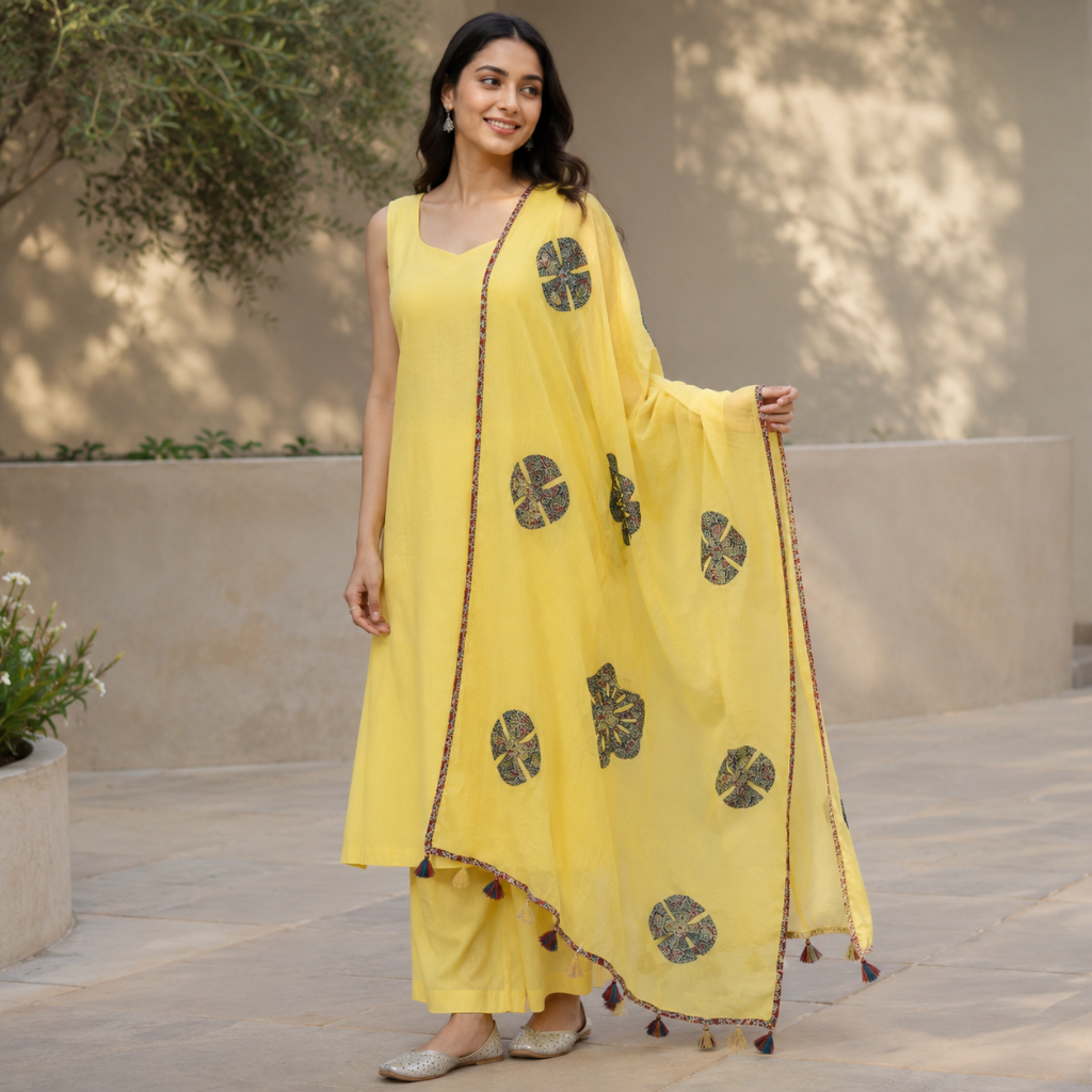 Yellow Cotton Dupatta with Applique Patchwork Design