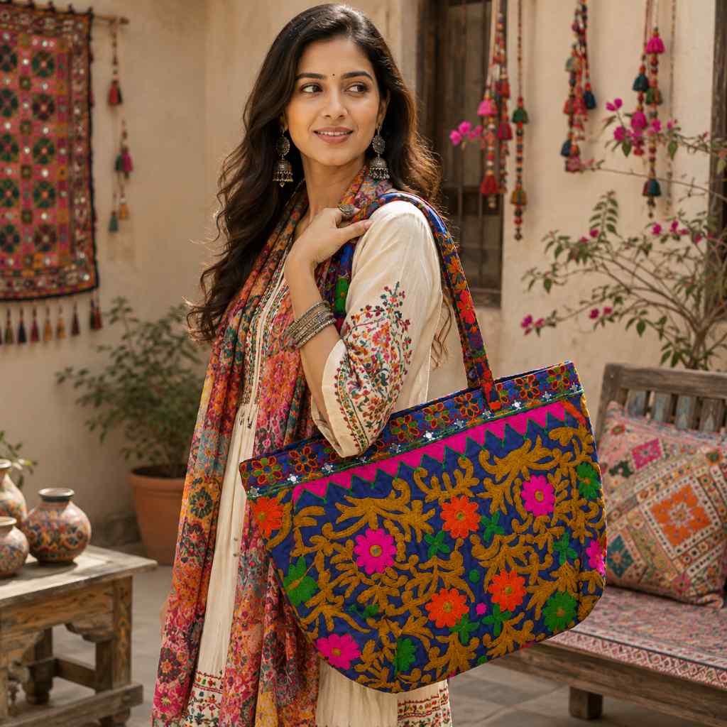 Color Story Embroidered Boho Tote Bag for Women