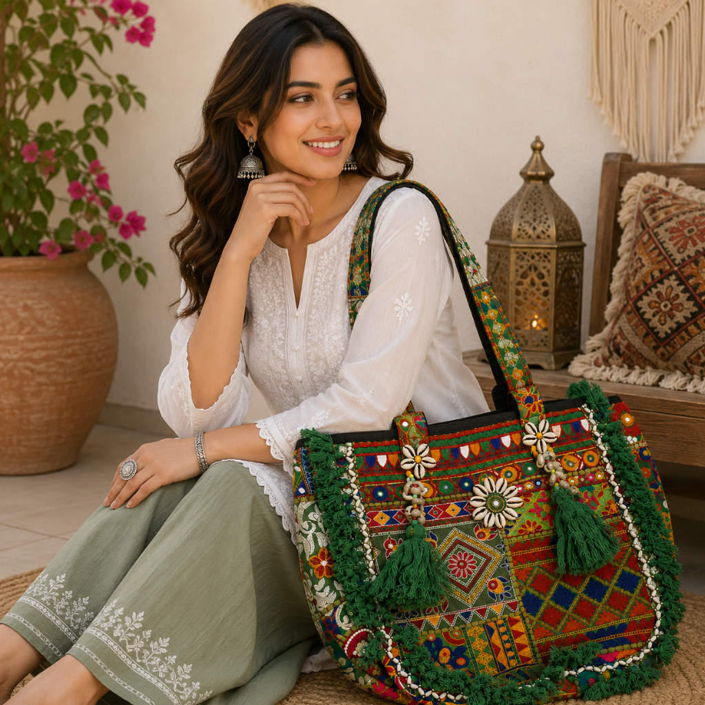 Boho Embroidered Tote Bag with Tassels