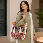 Boho Embroidered Tote Bag with Tassels