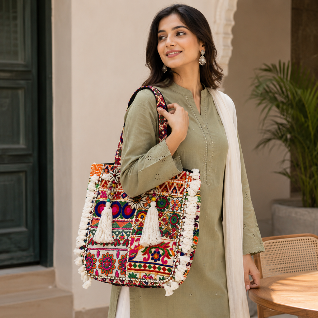 Boho Embroidered Tote Bag with Tassels