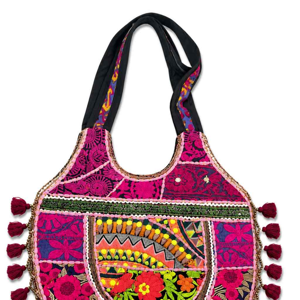 Vintage Noir Tassel Embroidered Tote Bag for Women