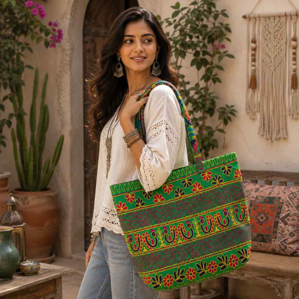 Color Story Embroidered Boho Tote Bag for Women