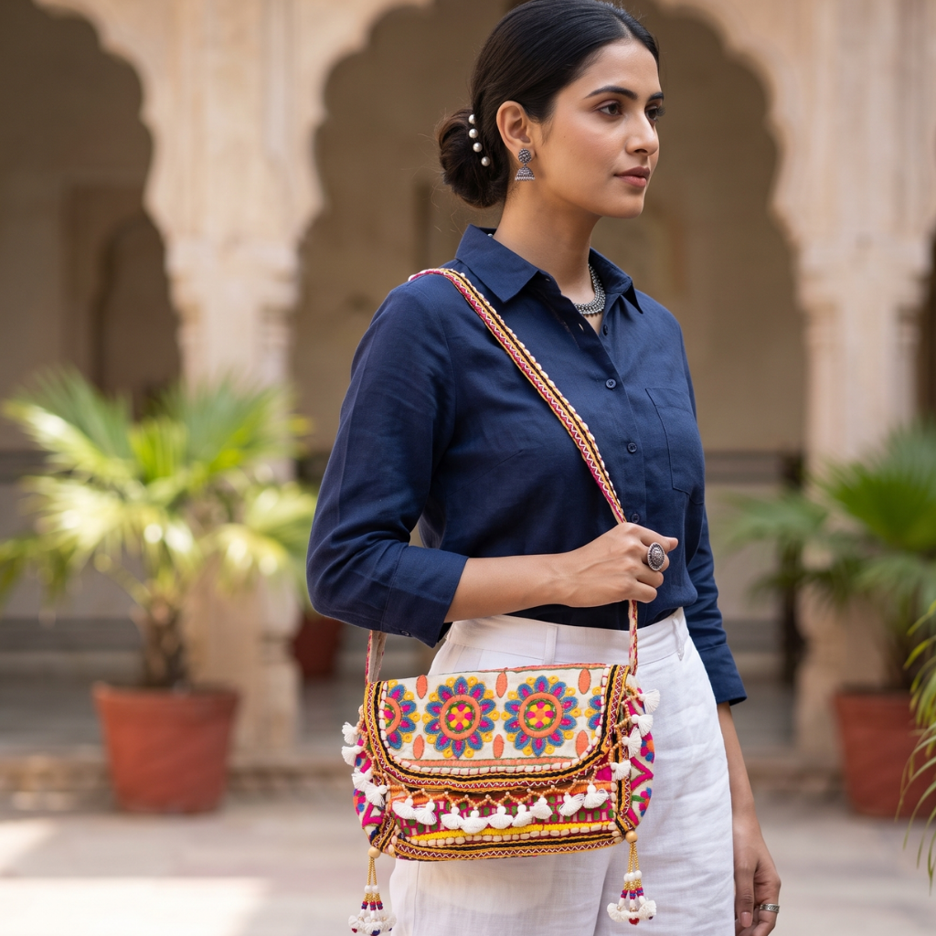 Multicolor Boho Embroidered Sling Purse for Women