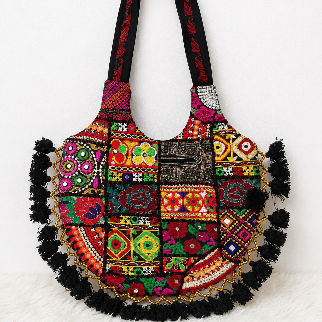 Vintage Noir Tassel Embroidered Tote Bag for Women