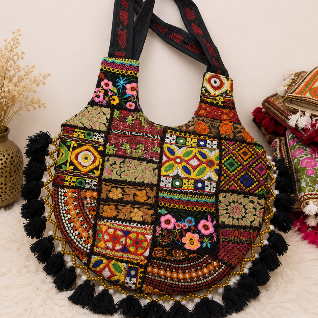 Vintage Noir Tassel Embroidered Tote Bag for Women