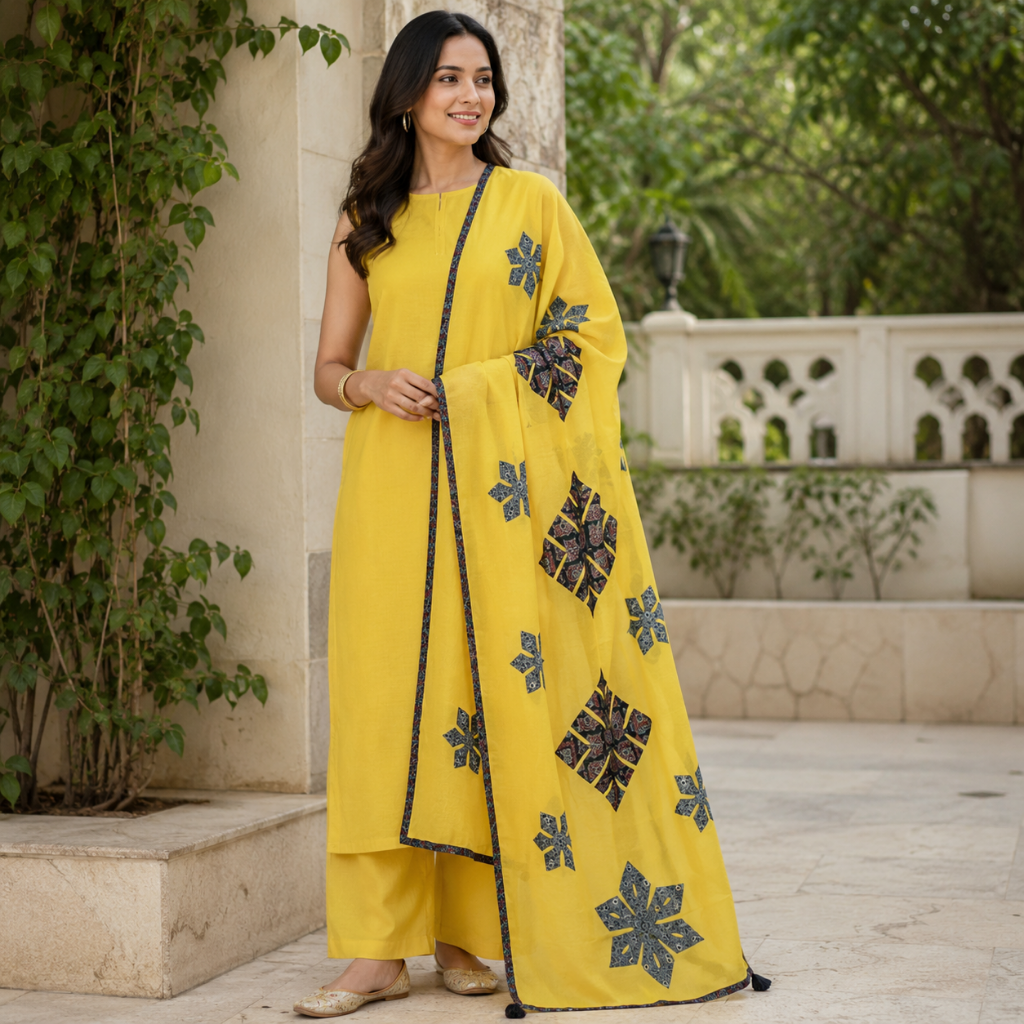 Yellow Cotton Dupatta with Floral Applique Design