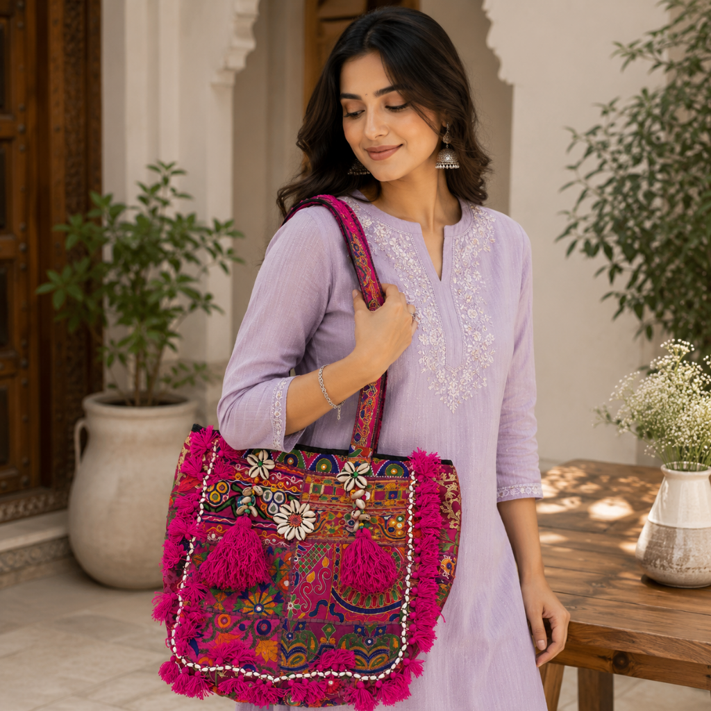 Boho Embroidered Tote Bag with Tassels