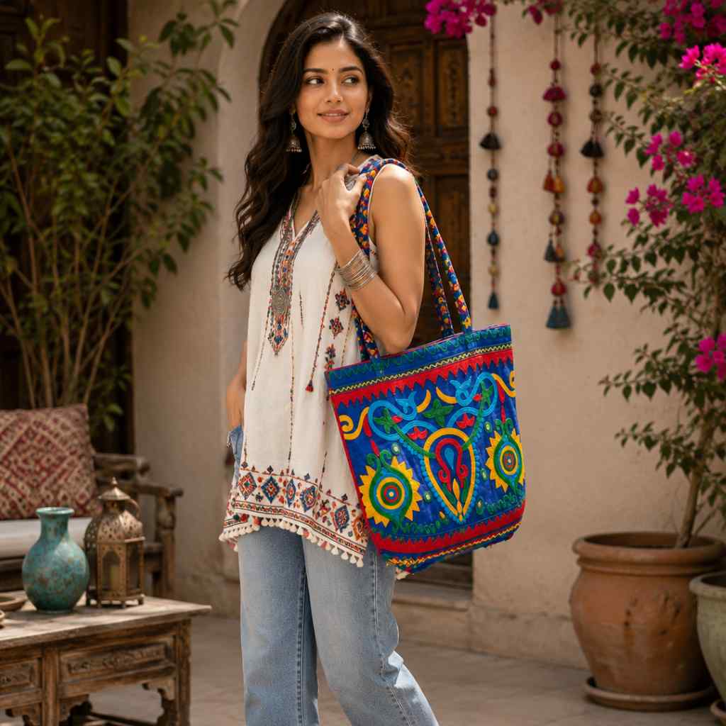 Color Story Embroidered Boho Tote Bag for Women