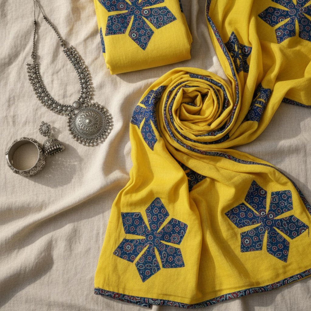 Yellow cotton dupatta with handcrafted floral applique detailing