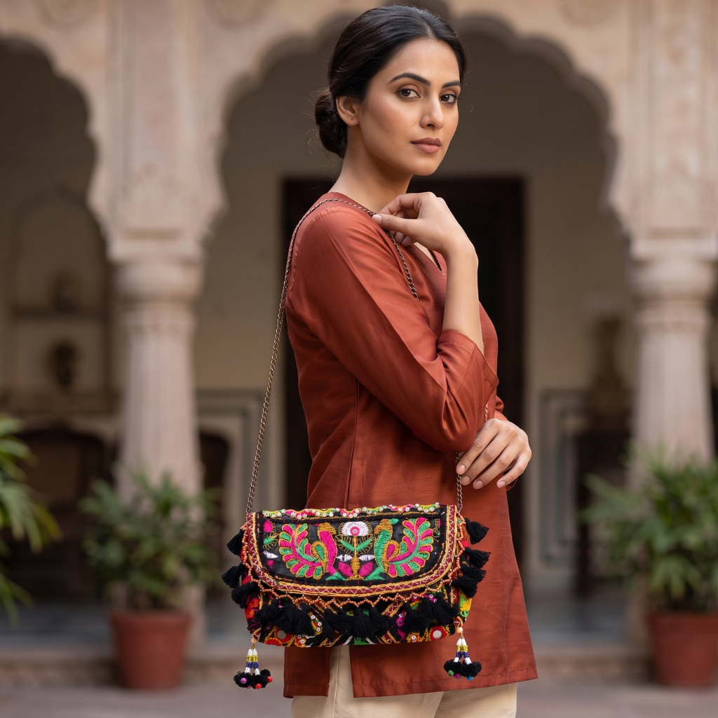 Boho Embroidered Sling Purse for Women