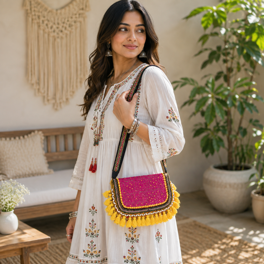 Sunlit Tassel Embroidered Sling Bag for Women