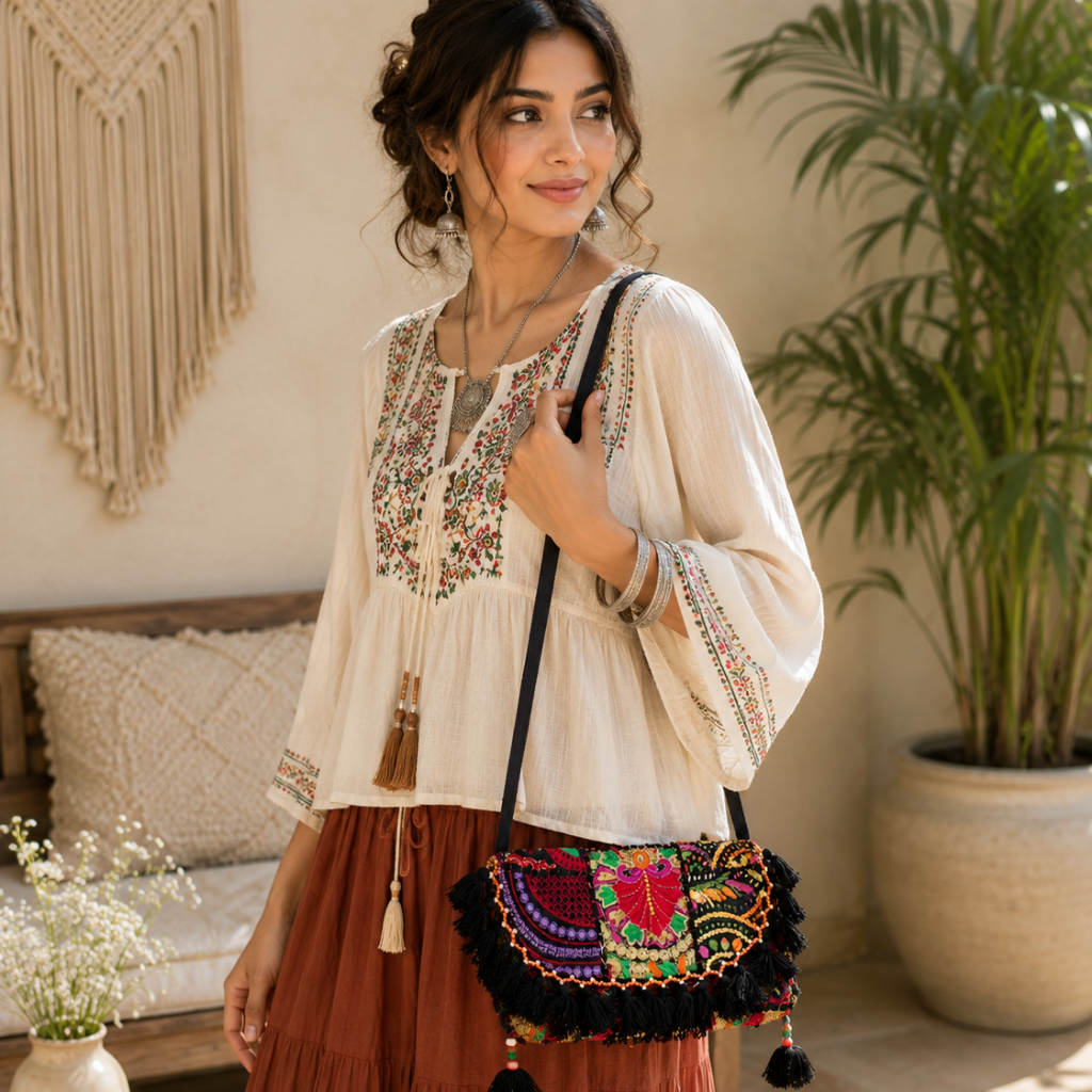 Multicolor Boho Embroidered Sling Purse for Women
