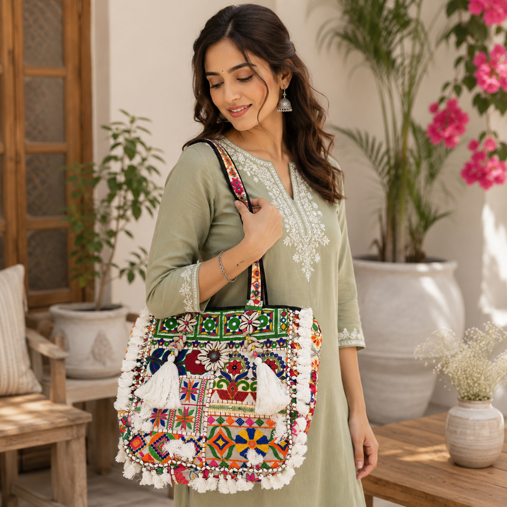 Boho Embroidered Tote Bag with Tassels