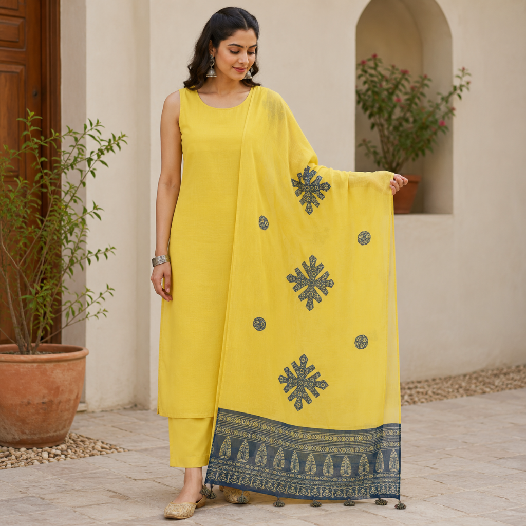 Sunlit Green Mandala Applique Yellow Dupatta