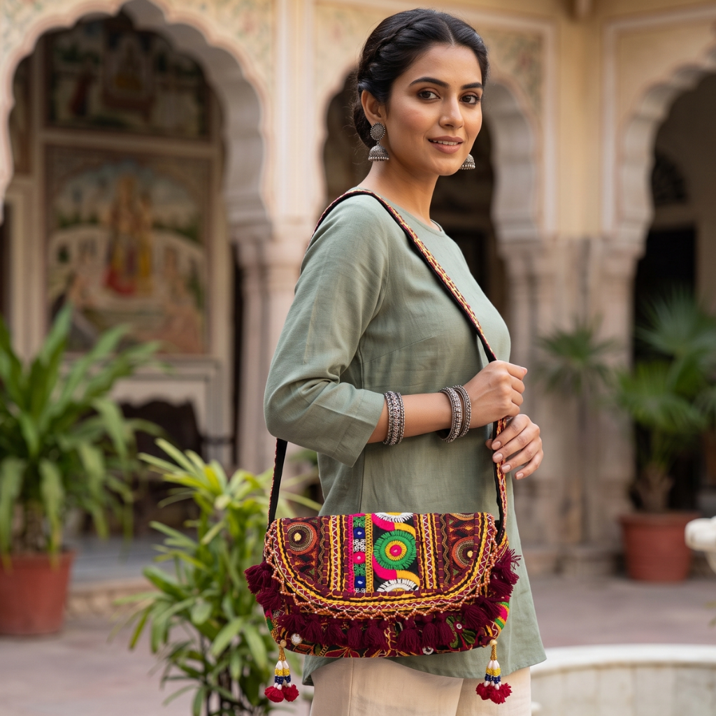 Multicolor Boho Embroidered Sling Purse for Women