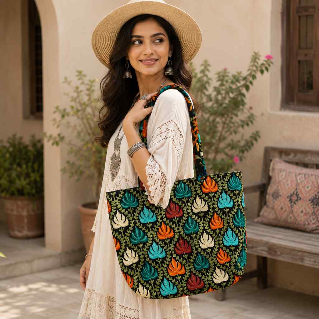 Color Story Embroidered Boho Tote Bag for Women