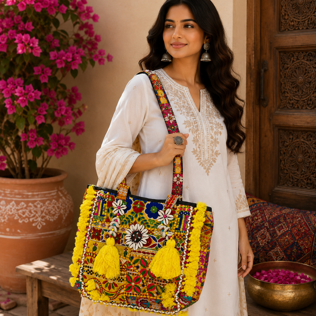 Boho Embroidered Tote Bag with Tassels