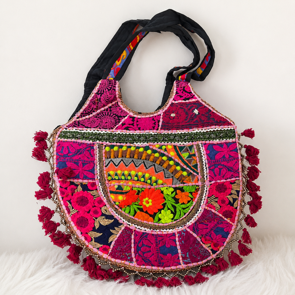 Vintage Noir Tassel Embroidered Tote Bag for Women