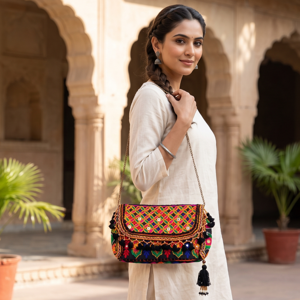 Multicolor Boho Embroidered Sling Purse for Women