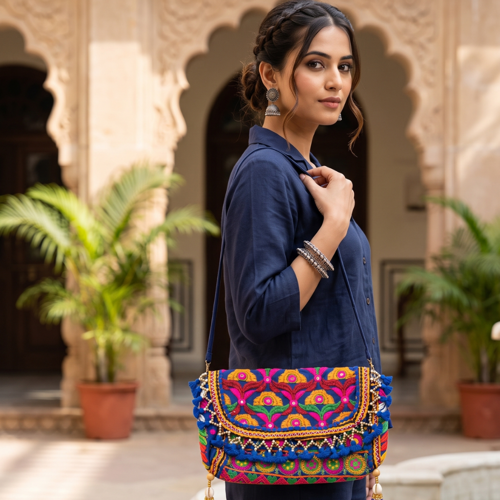 Boho Embroidered Sling Purse for Women