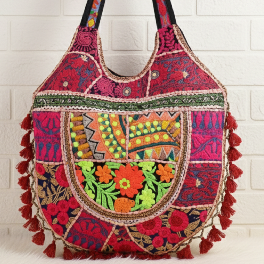Hot Pink Embroidered Boho Tote Bag