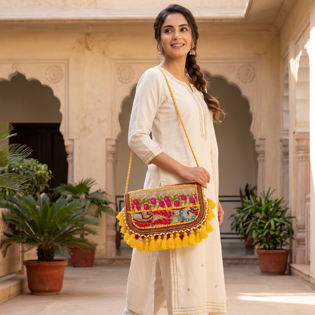 Sunlit Tassel Embroidered Sling Bag for Women