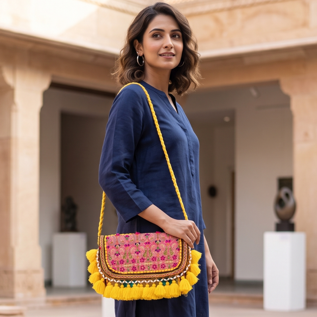 Sunlit Tassel Embroidered Sling Bag for Women