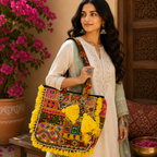 Boho Embroidered Tote Bag with Tassels