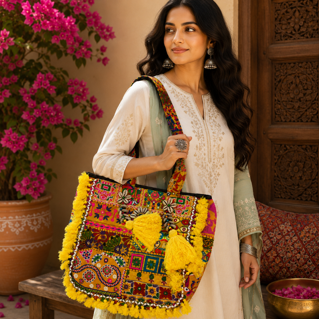 Boho Embroidered Tote Bag with Tassels