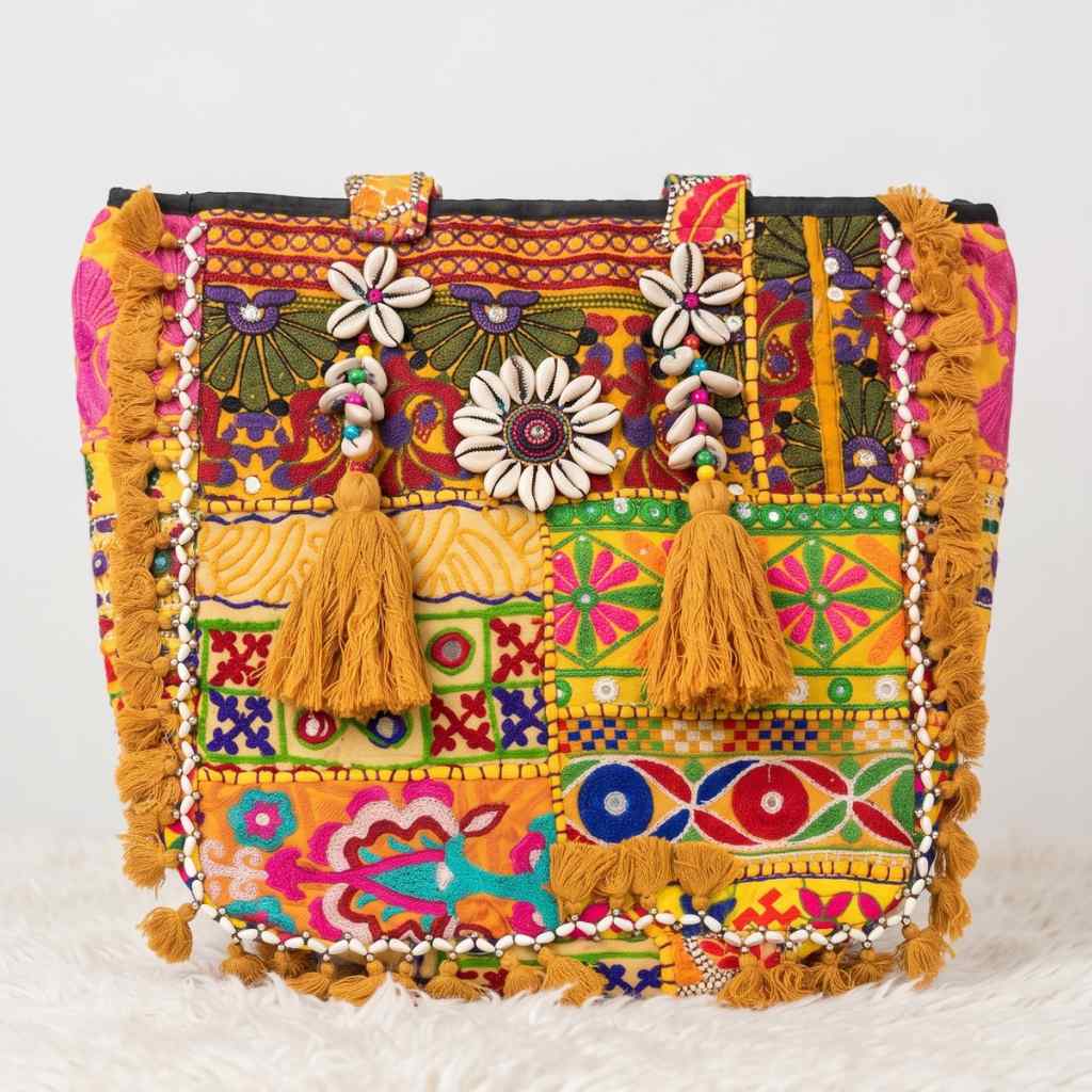 Boho Embroidered Tote Bag with Tassels