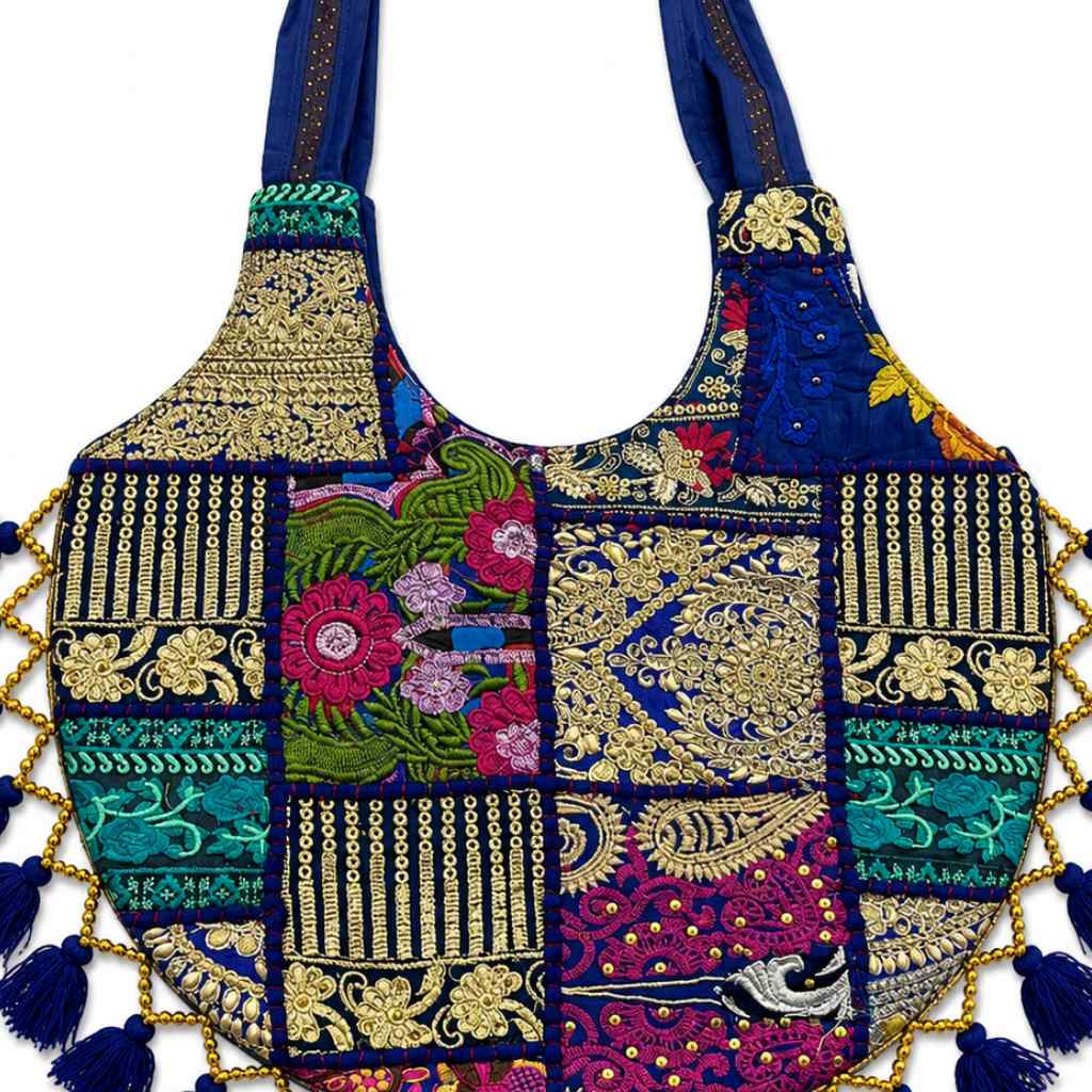 Rainbow Hues Tassel Embroidered Boho Tote Bag