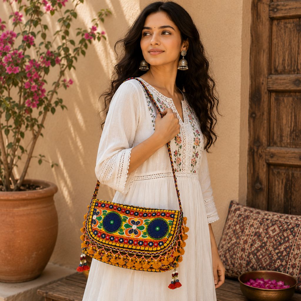 Multicolor Boho Embroidered Sling Purse for Women