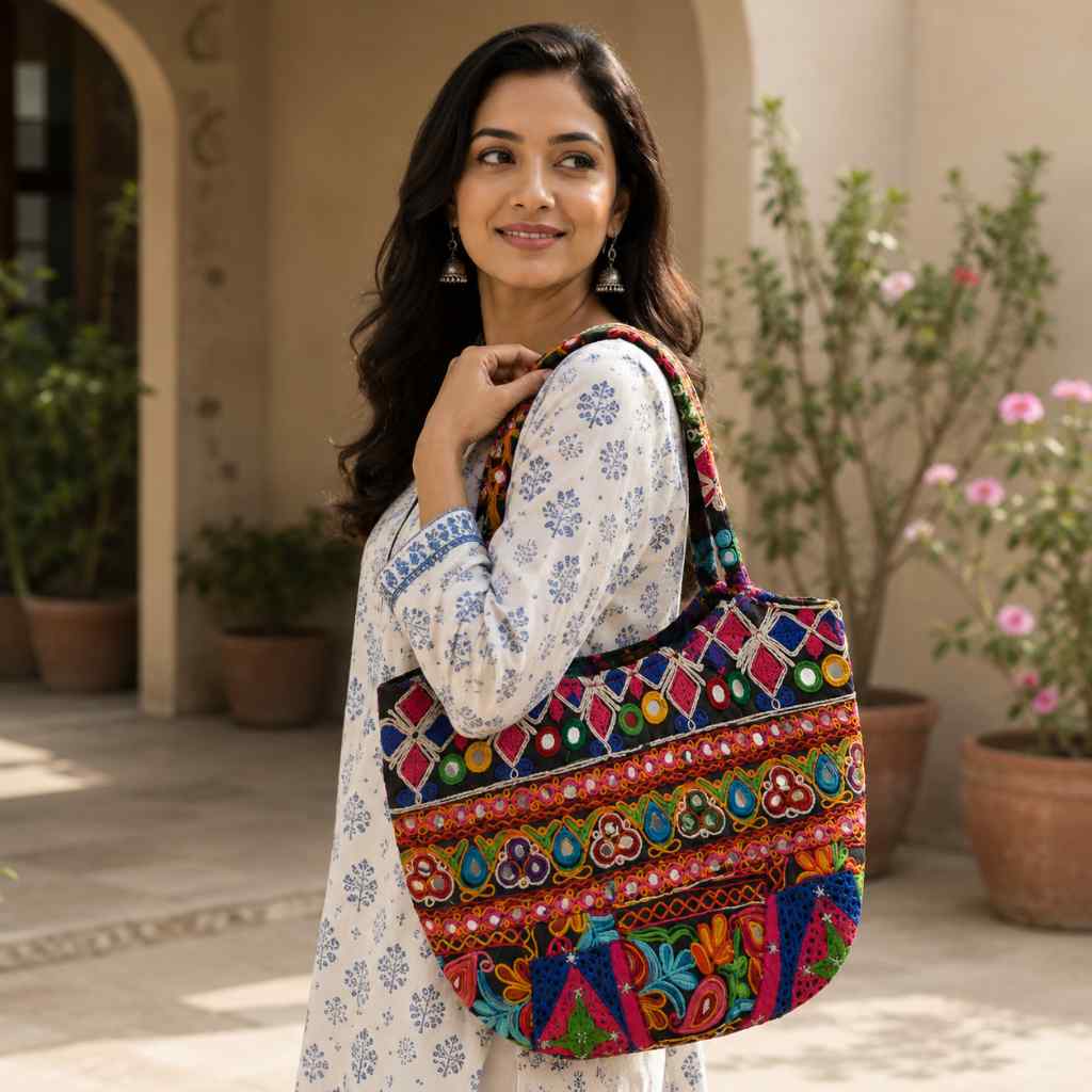 Color Story Embroidered Boho Tote Bag for Women