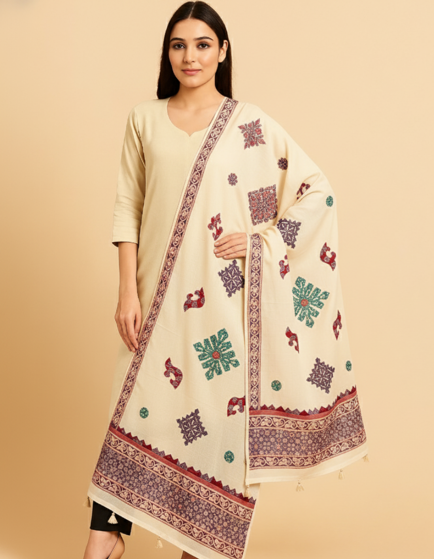 Off White Paisley Tassel Embroidered Dupatta