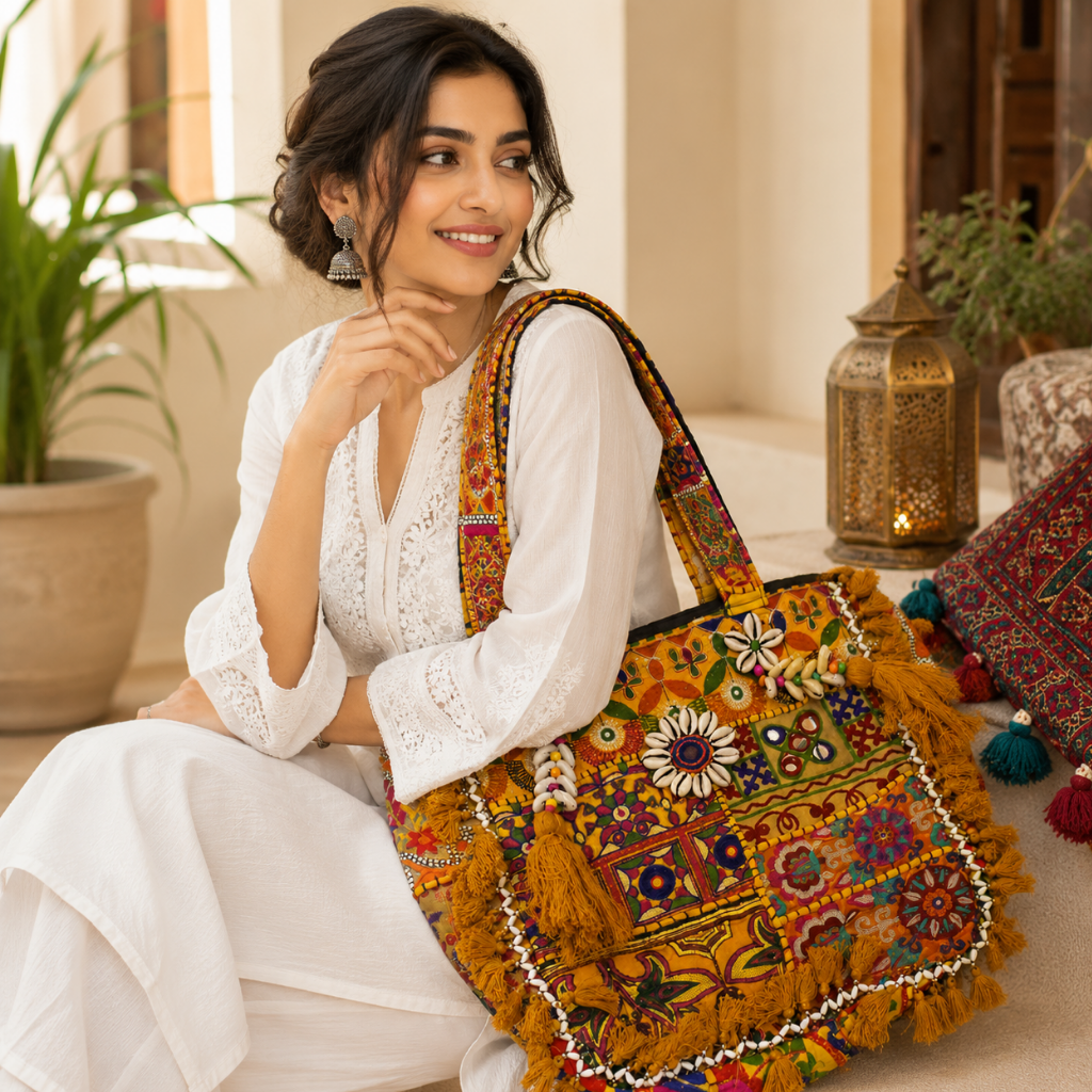 Heritage Embroidered Banjara Tote Bag with Tassels