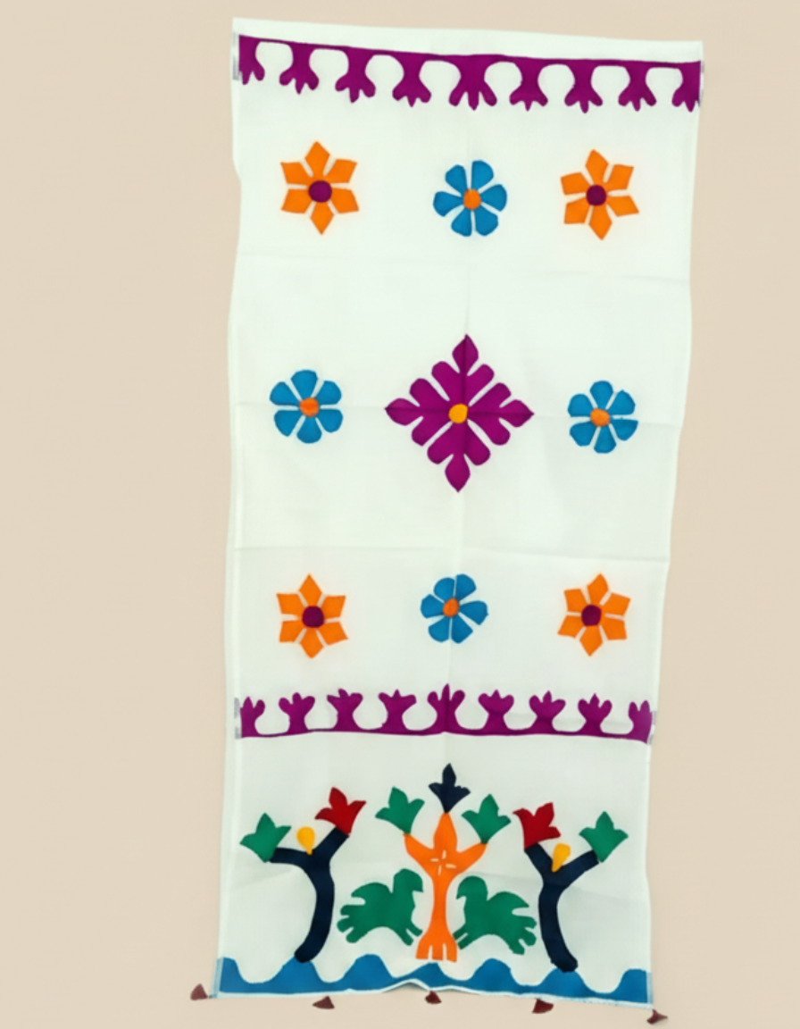 Folk Multicolour Applique Work White Dupatta