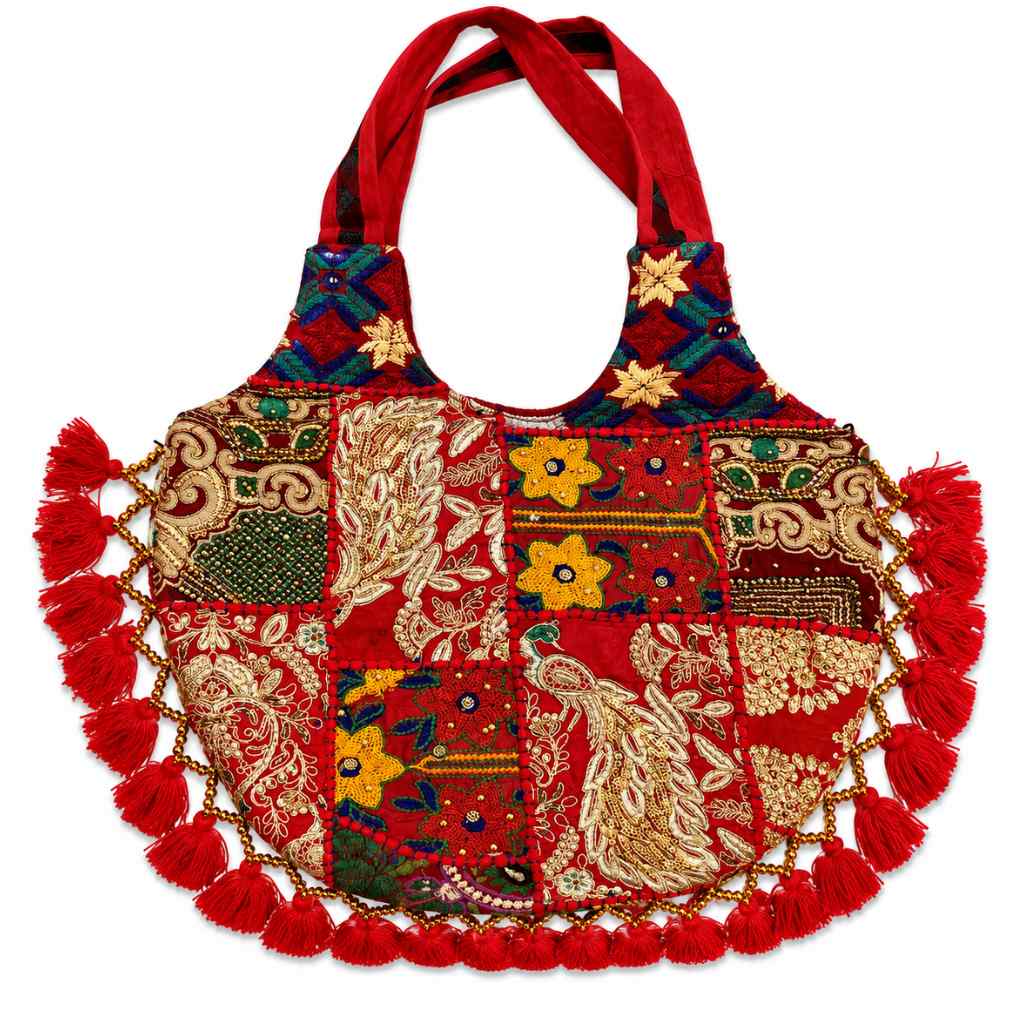 Rainbow Hues Tassel Embroidered Boho Tote Bag