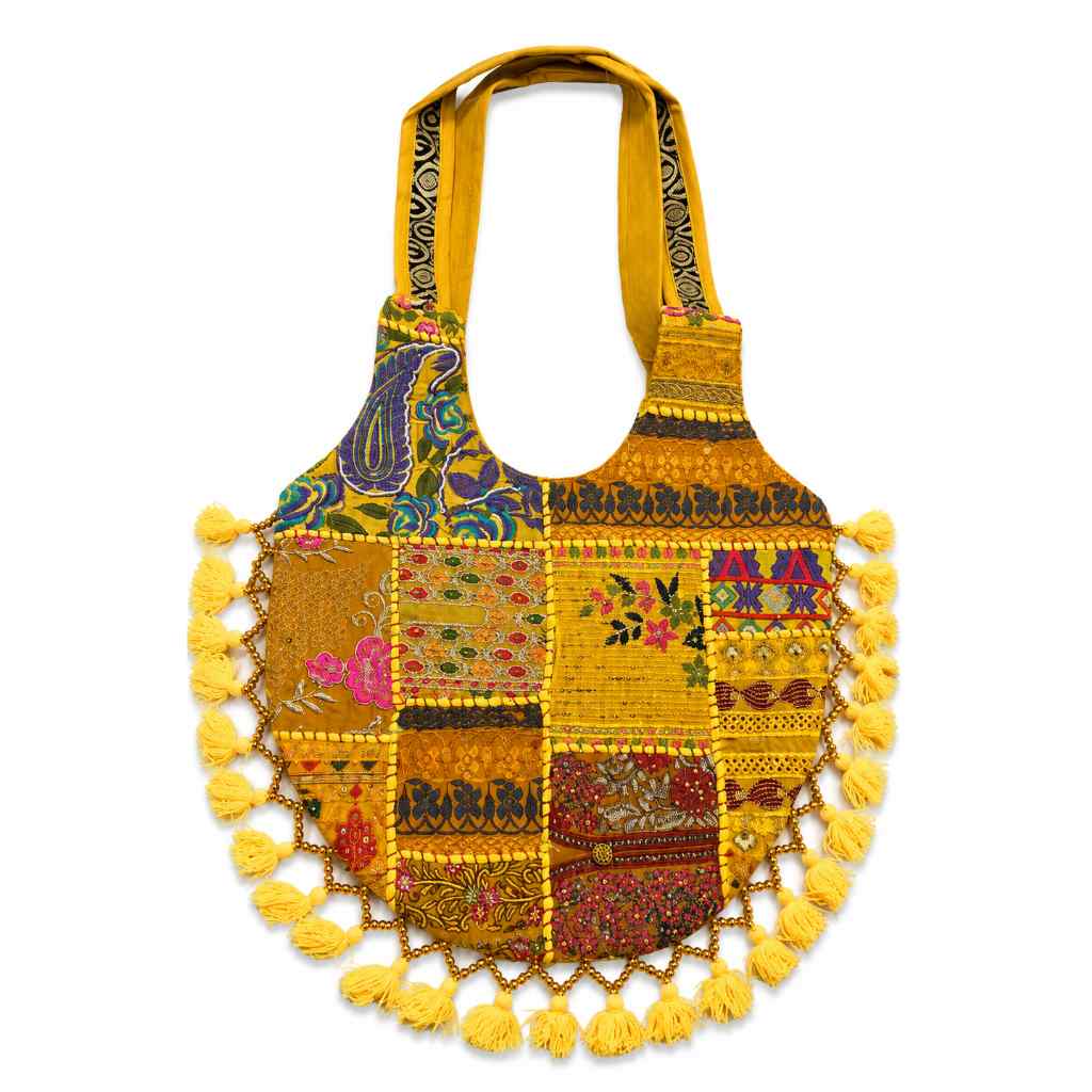 Rainbow Hues Tassel Embroidered Boho Tote Bag