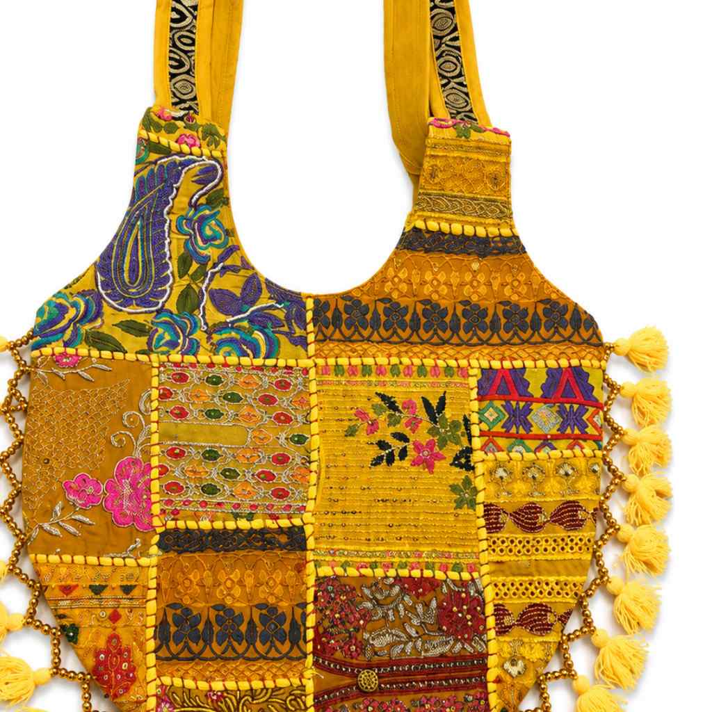 Rainbow Hues Tassel Embroidered Boho Tote Bag