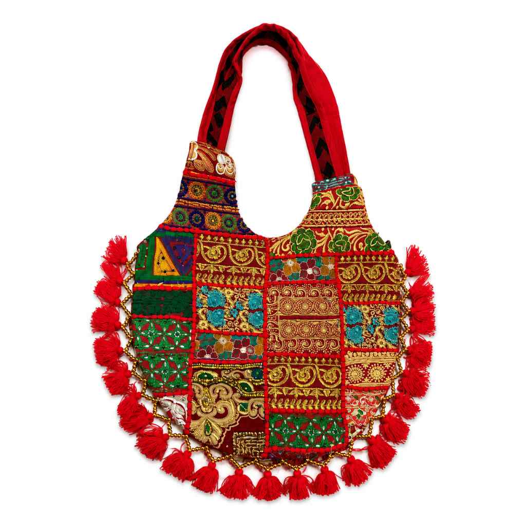 Rainbow Hues Tassel Embroidered Boho Tote Bag
