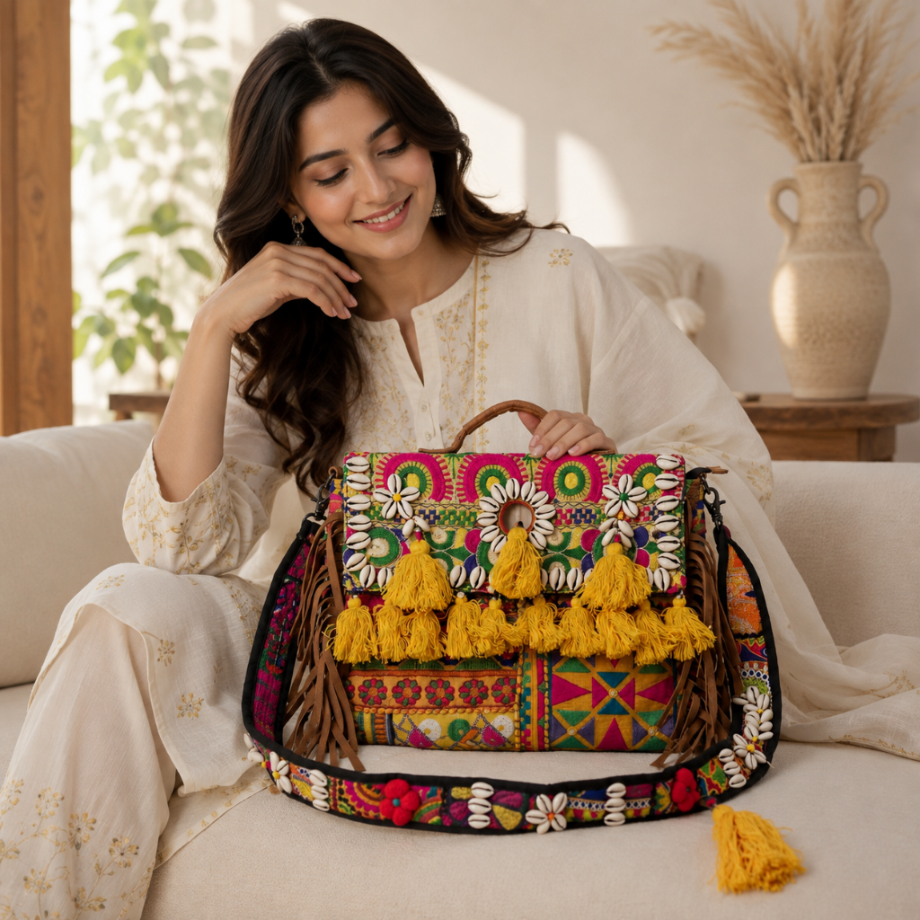 Embroidered Fringe Banjara Laptop Bag for Women