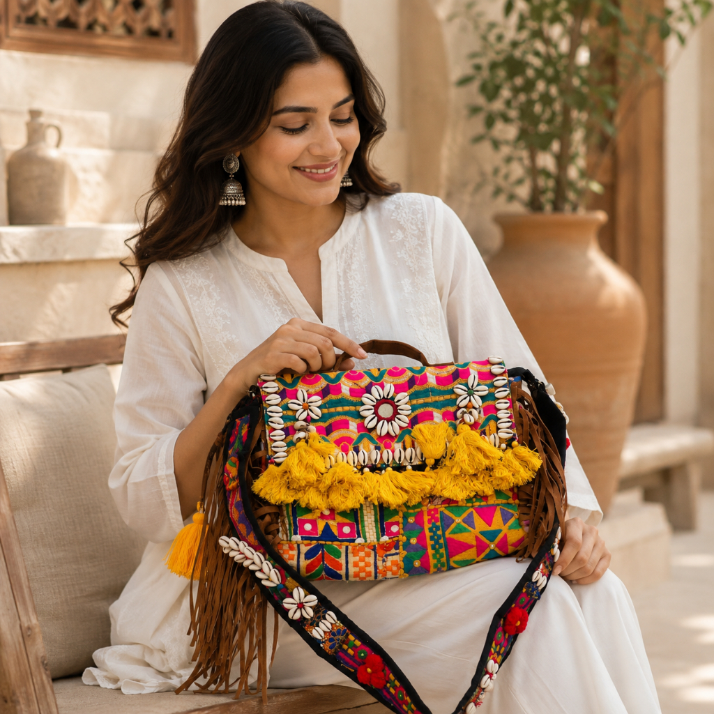 Embroidered Fringe Banjara Laptop Bag for Women