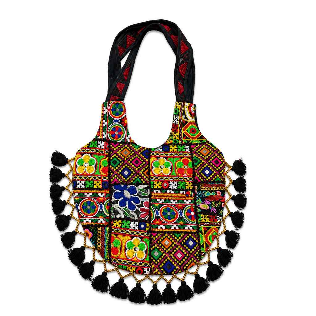 Rainbow Hues Tassel Embroidered Boho Tote Bag