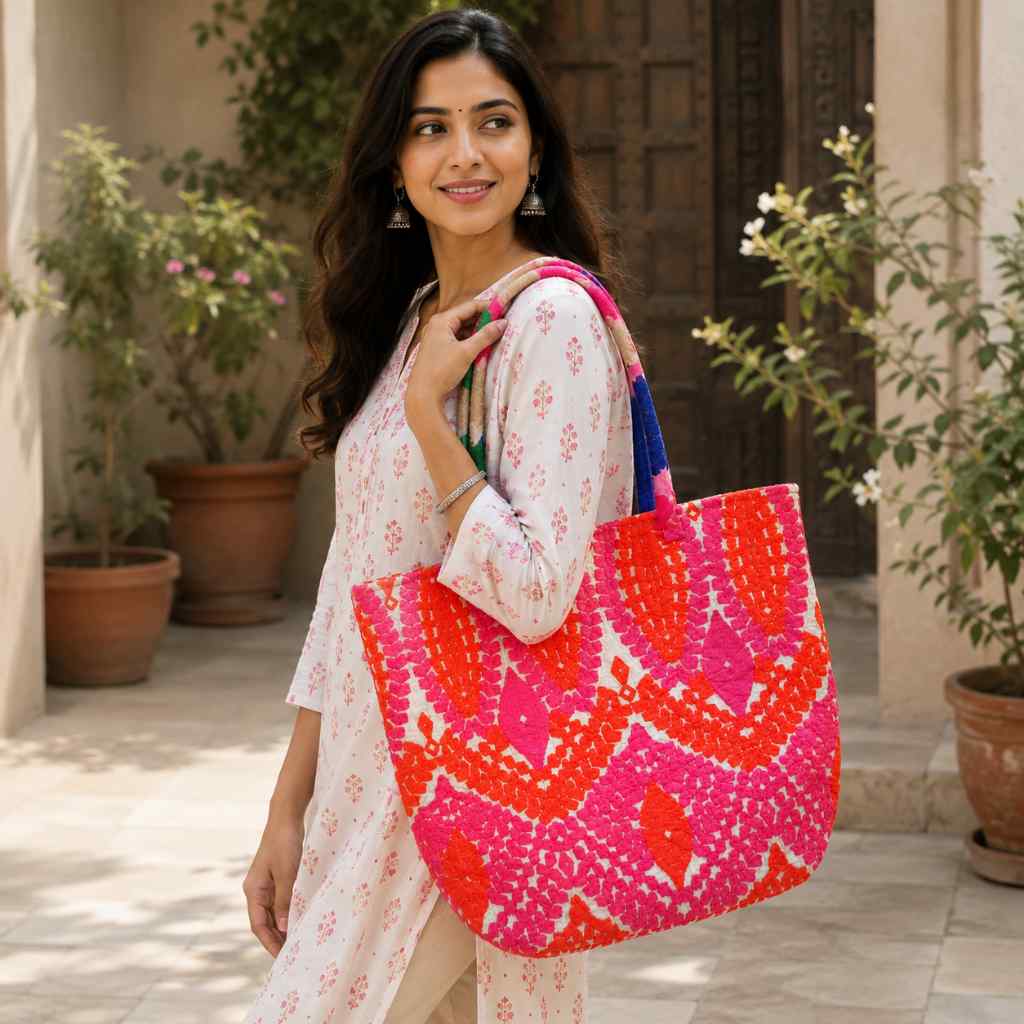 Color Story Embroidered Boho Tote Bag for Women